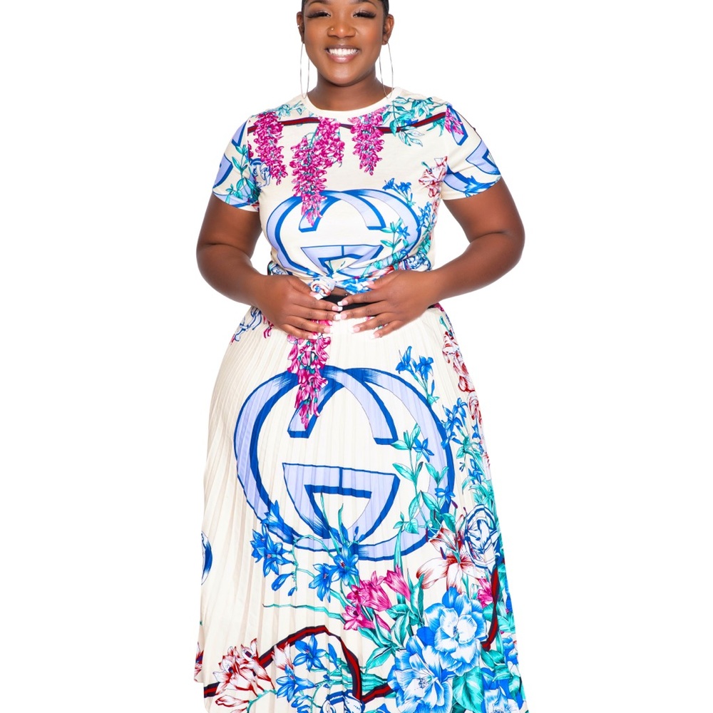 Blossom Ivory Multi Print Pleat Skirt Set